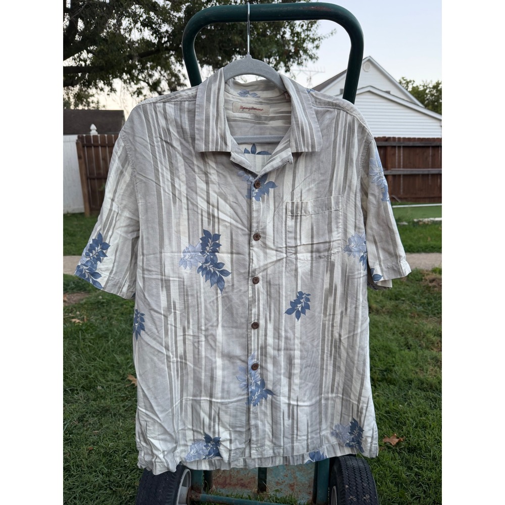 Tommy Bahama Mens Silk Floral Stripe Camp Shirt Blue Beige TB35365 Medium